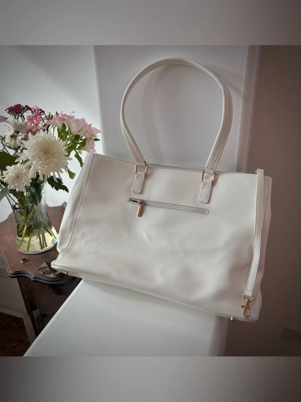 White Faux Leather Laptop Tote Bag Minimalist Work Office Commuter Carryall